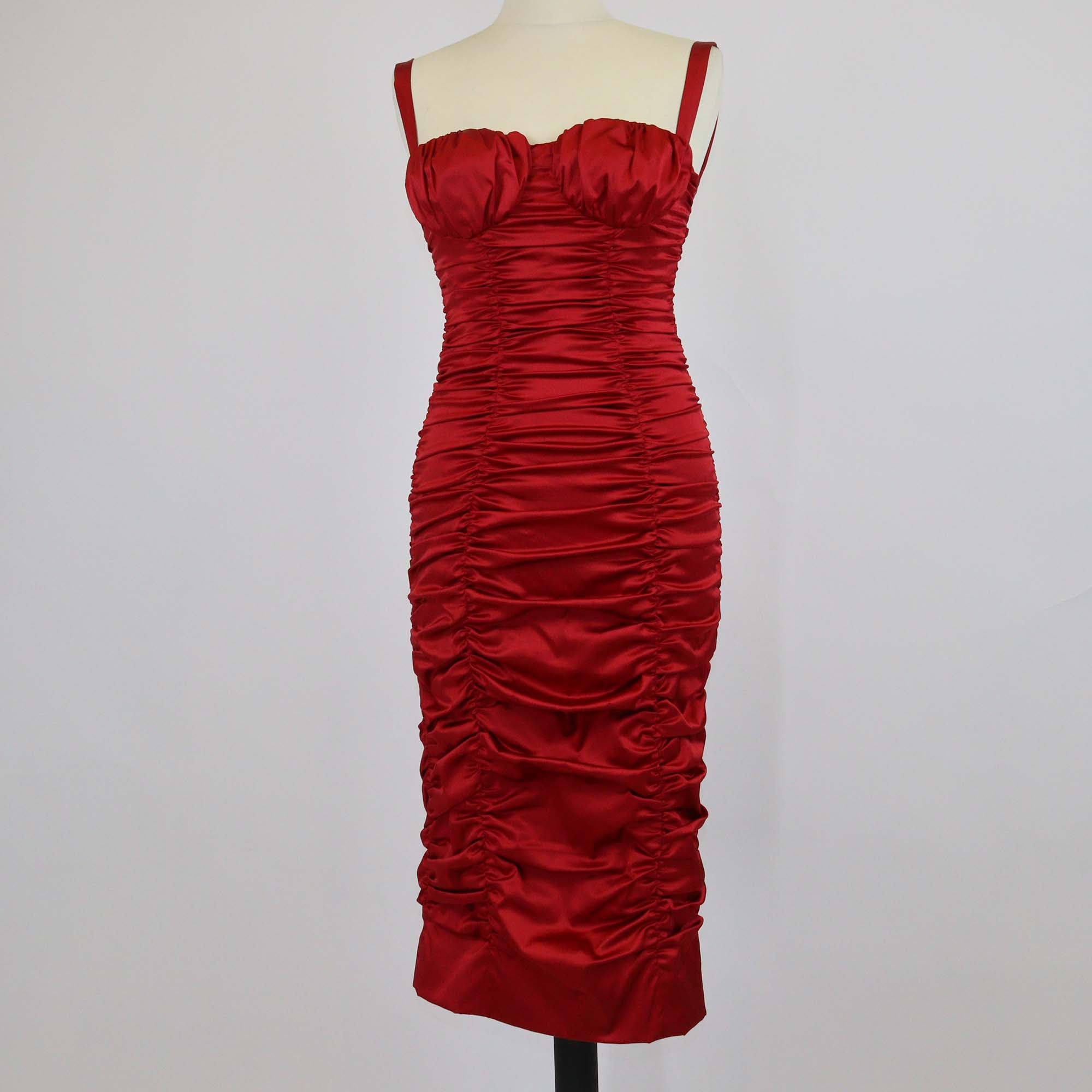 Dolce & Gabbana Red Silk Ruched Sleeveless Midi Dress