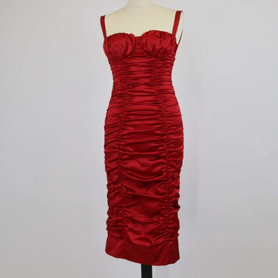 Dolce & Gabbana Red Silk Ruched Sleeveless Midi Dress