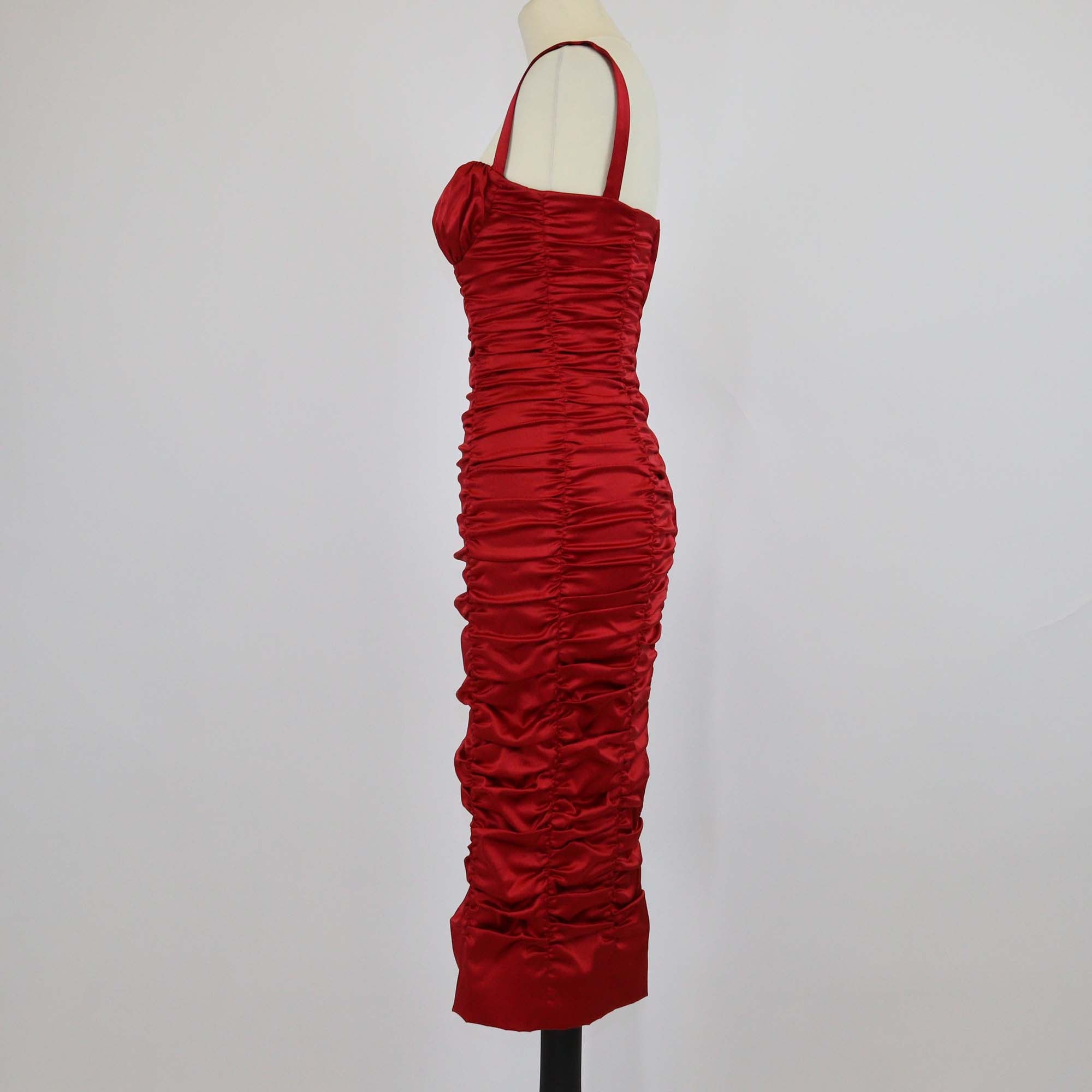 Dolce & Gabbana Red Silk Ruched Sleeveless Midi Dress