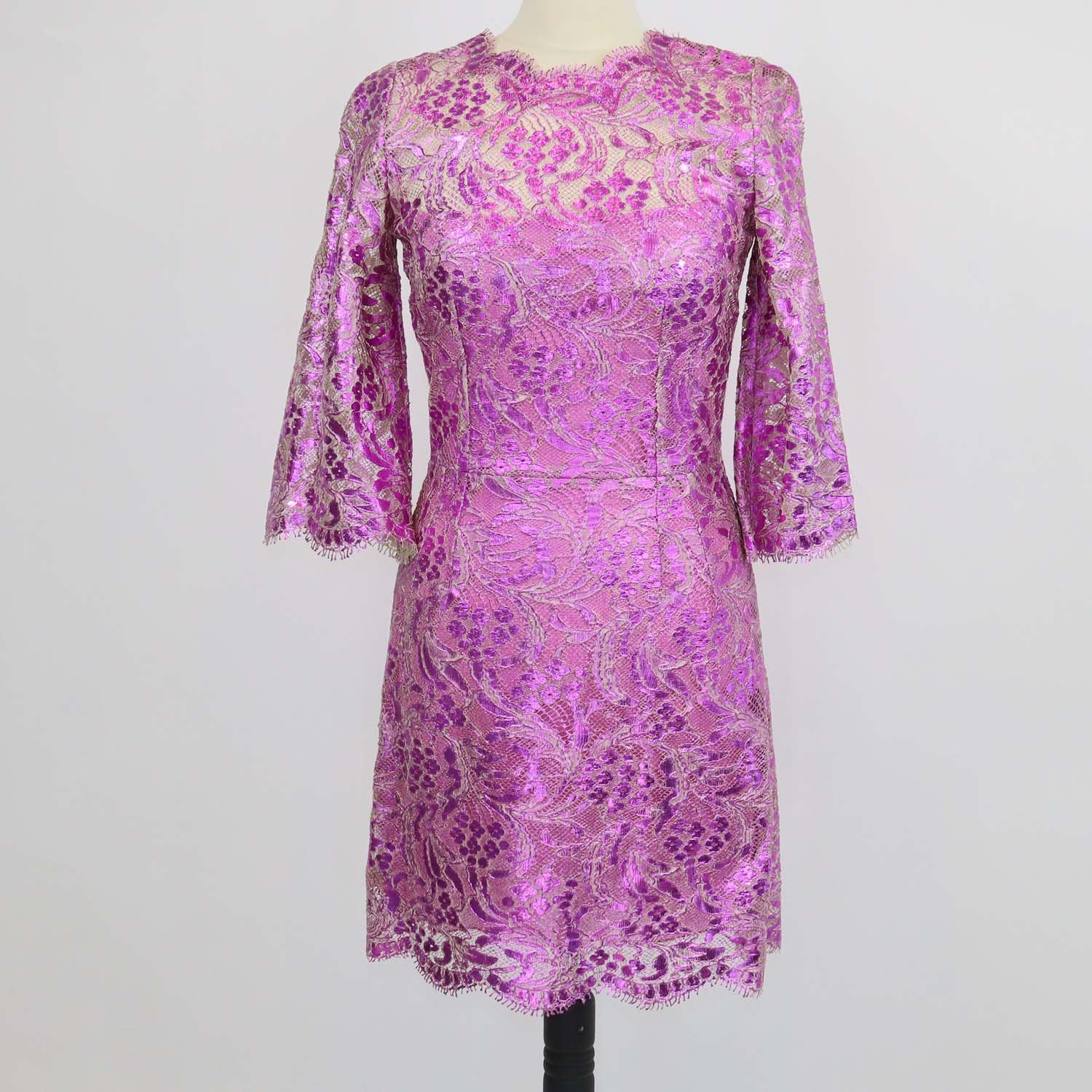Dolce & Gabbana Metallic Fuchsia Blend Cotton Lace Floral Mini Sheath Dress
