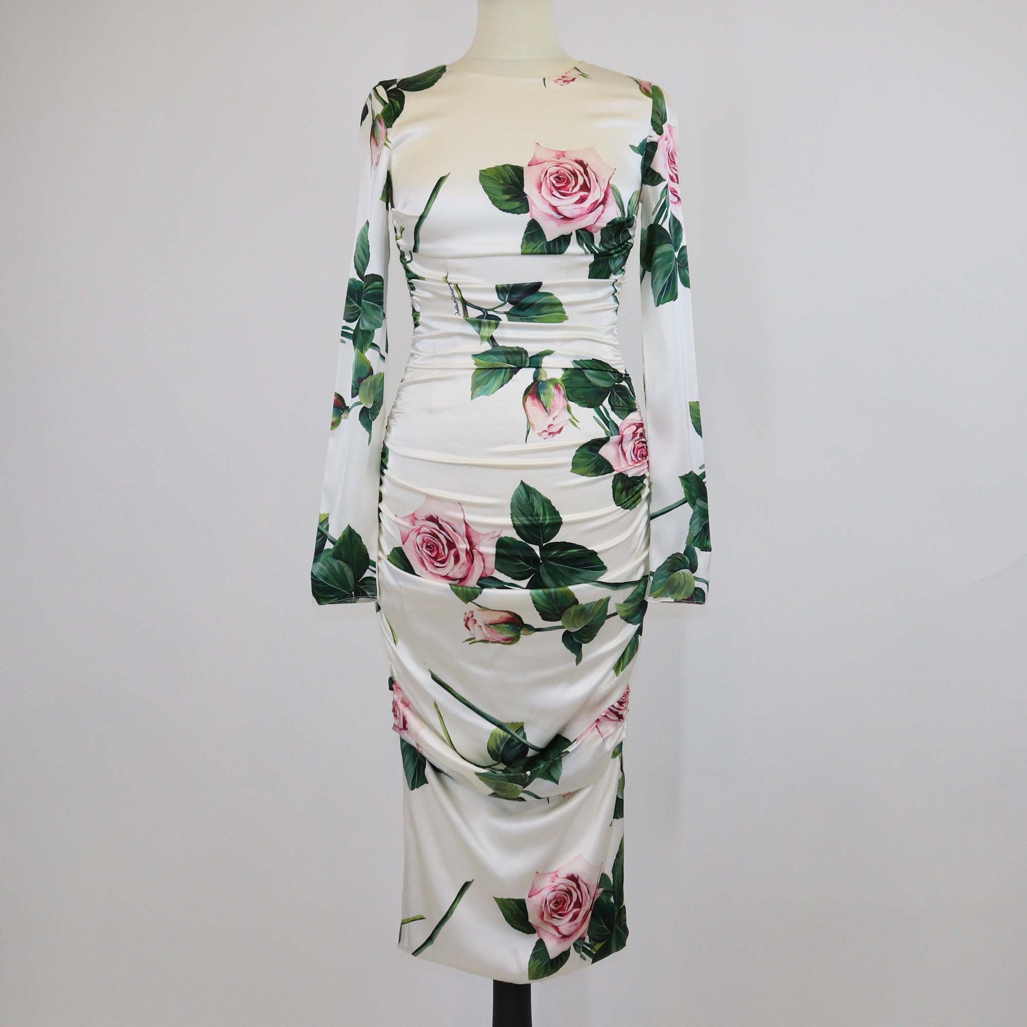 Dolce & Gabbana White/Multicolor Silk Tropical Rose Print Ruched Midi Dress