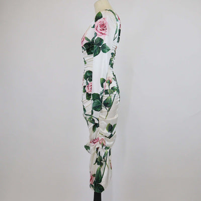 Dolce & Gabbana White/Multicolor Silk Tropical Rose Print Ruched Midi Dress