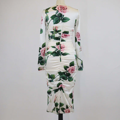 Dolce & Gabbana White/Multicolor Silk Tropical Rose Print Ruched Midi Dress