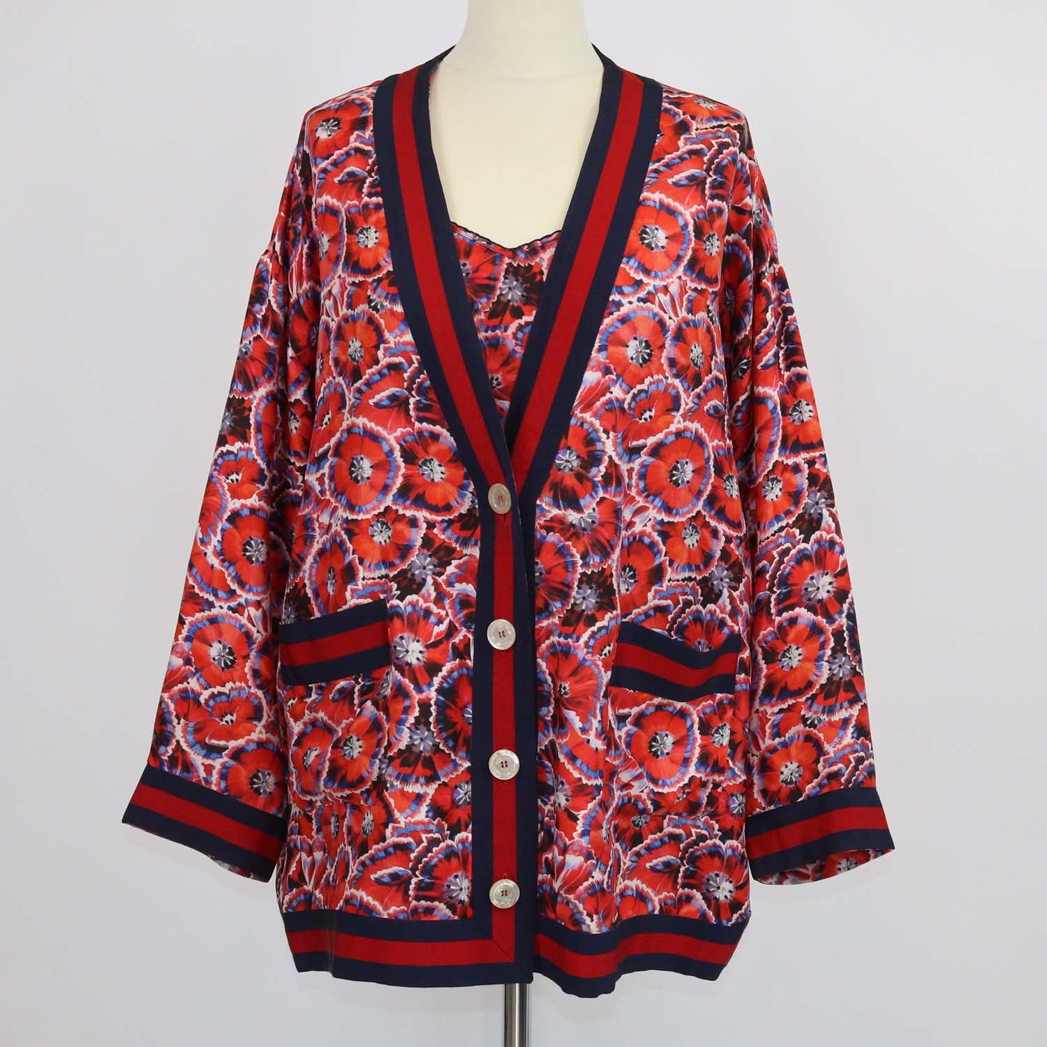 Gucci Red Silk Poppy Floral Print Top & Cardigan Set
