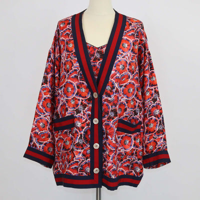 Gucci Red Silk Poppy Floral Print Top & Cardigan Set