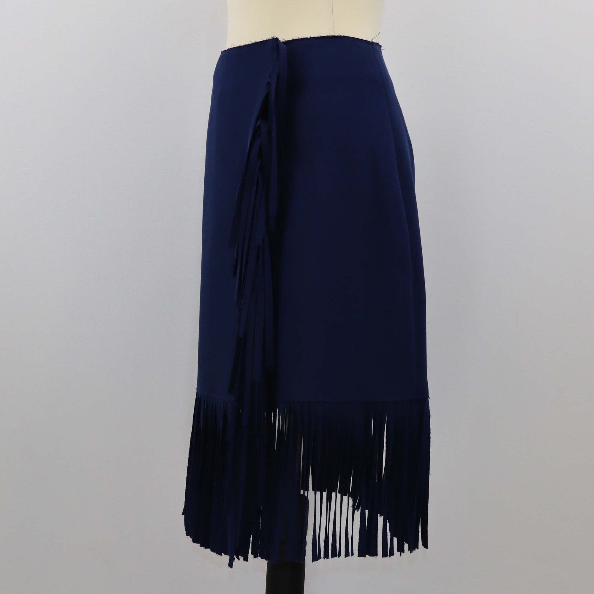 MSGM Dark Blue Double Crepe Cady Fringe Skirt Womens MSGM 