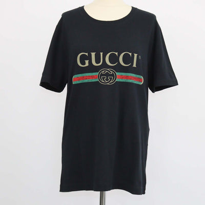 Gucci Black Cotton Logo Print Distressed Crew Neck T-Shirt