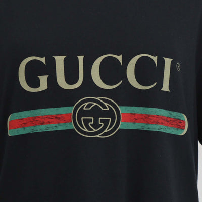 Gucci Black Cotton Logo Print Distressed Crew Neck T-Shirt