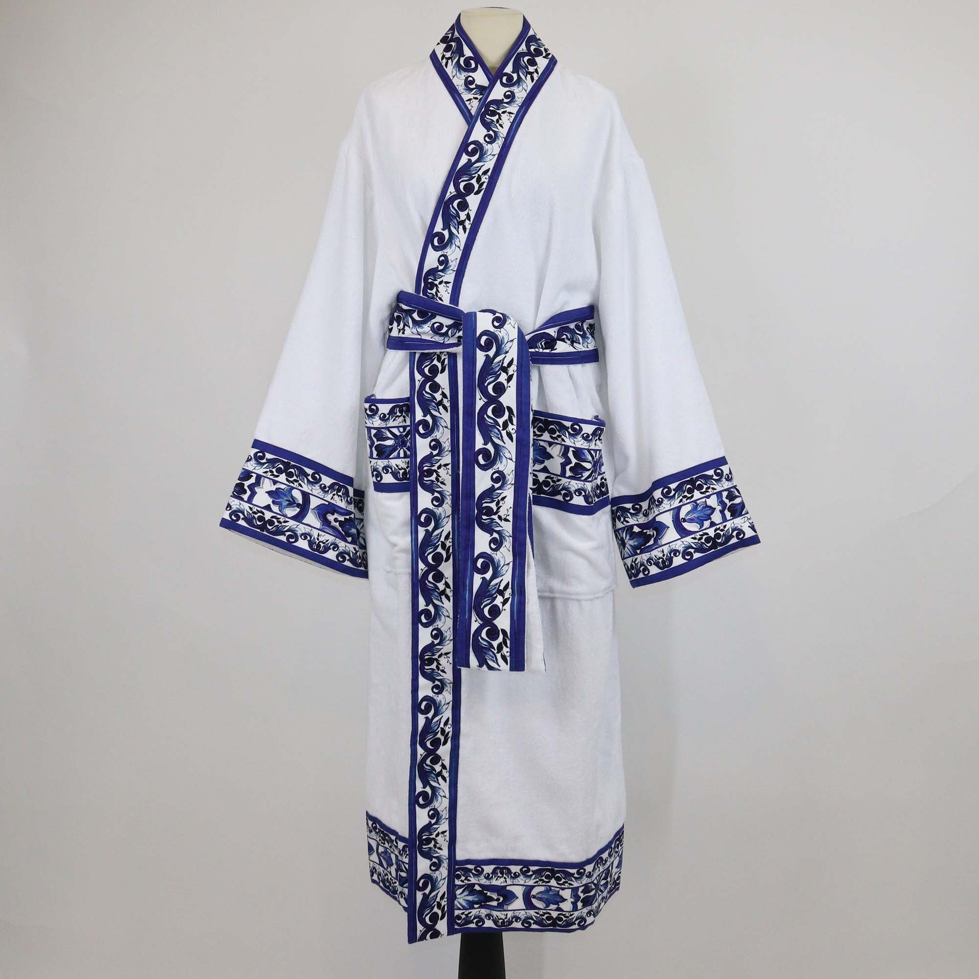 Dolce & Gabbana Casa White/Blue Mediterraneo Terry Cloth Bathrobe