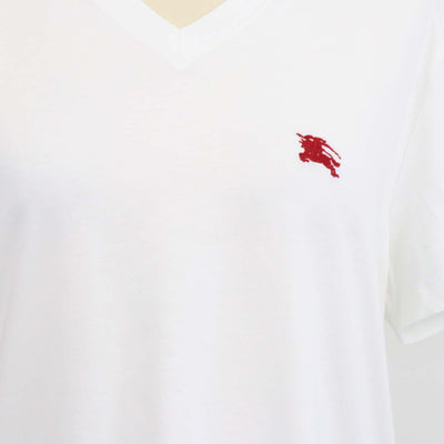 Burberry White Cotton Logo Embroidered V Neck T-Shirt
