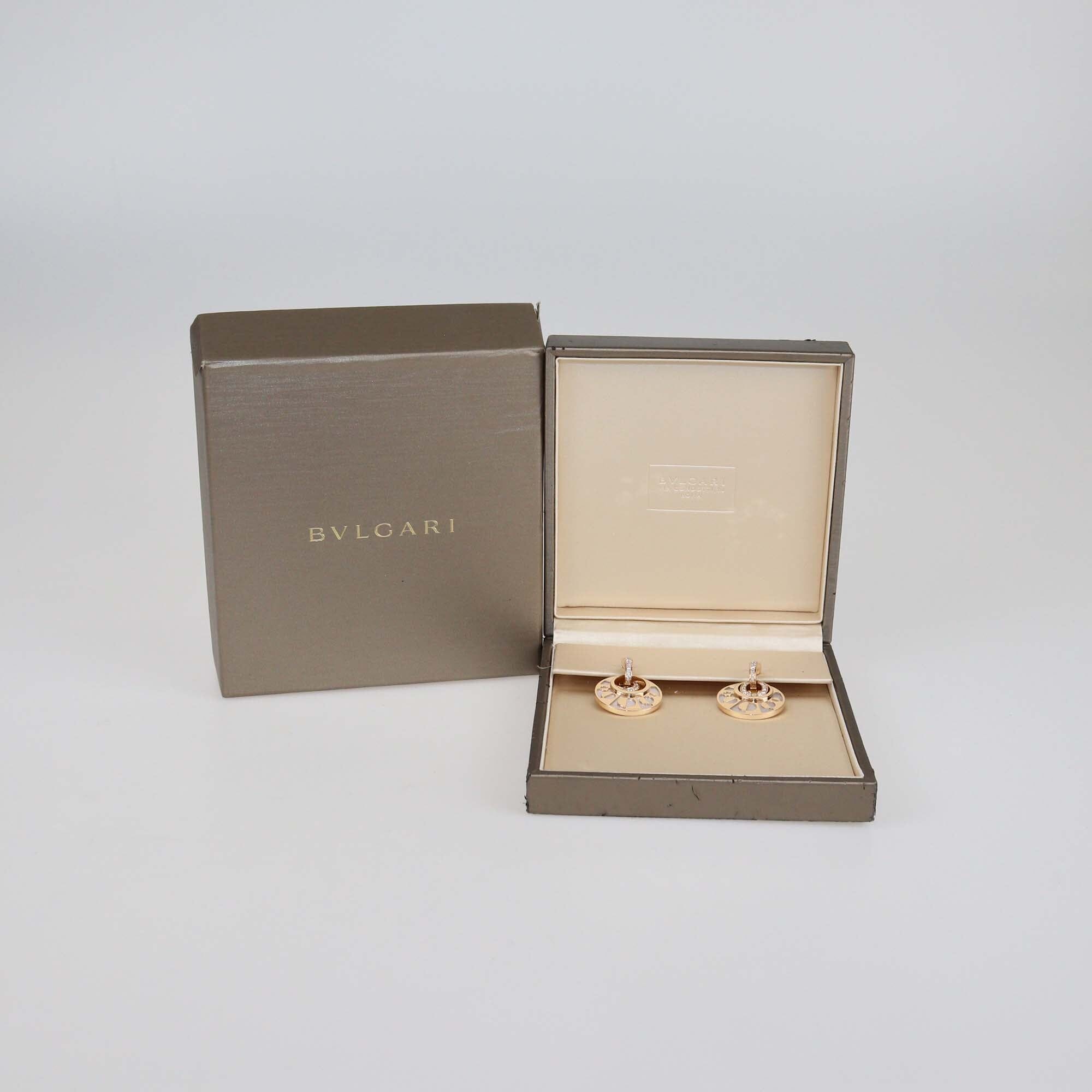 Bvlgari Intarsio DIamond Mother Of Pearl 18K Rose Gold Earrings Womens Bvlgari 