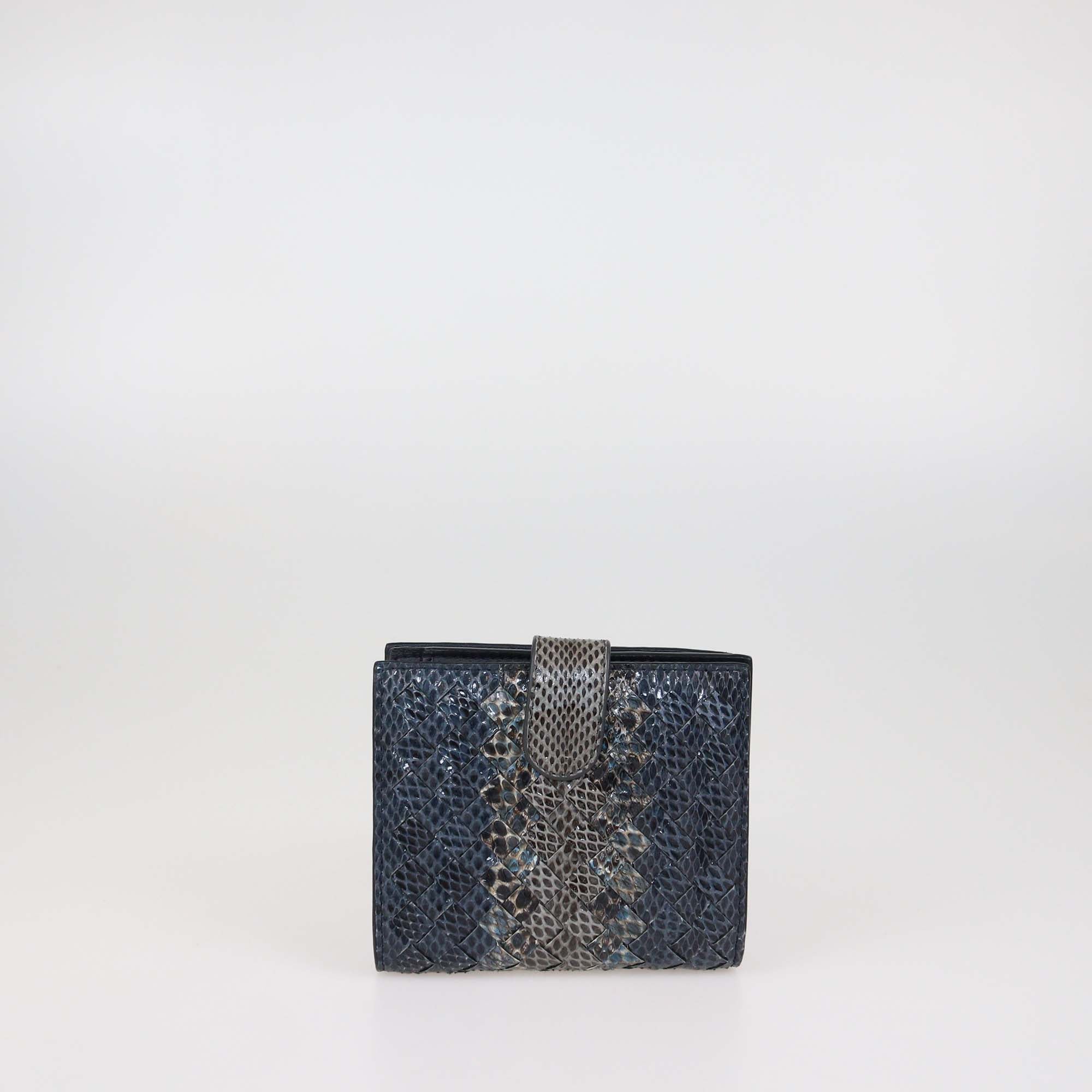 Bottega Veneta Dark Blue Intrecciato Snakeskin French Wallet