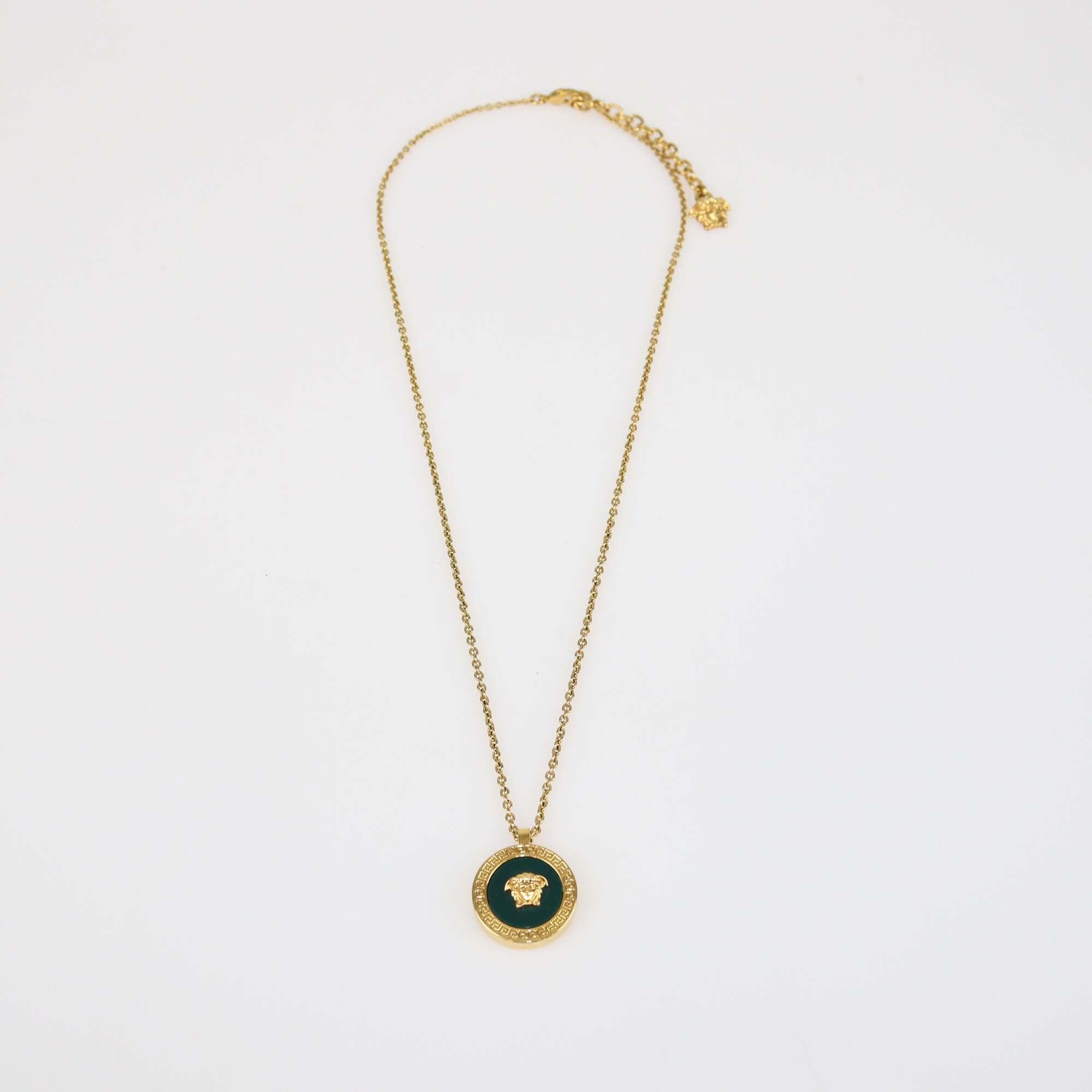 Versace Medusa Medallion Pendant Green Enamel Gold Tone Chain Necklace & Stud Earrings Set Womens Versace 