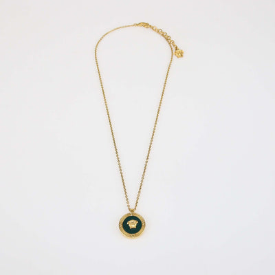 Versace Medusa Medallion Pendant Green Enamel Gold Tone Chain Necklace & Stud Earrings Set Womens Versace 