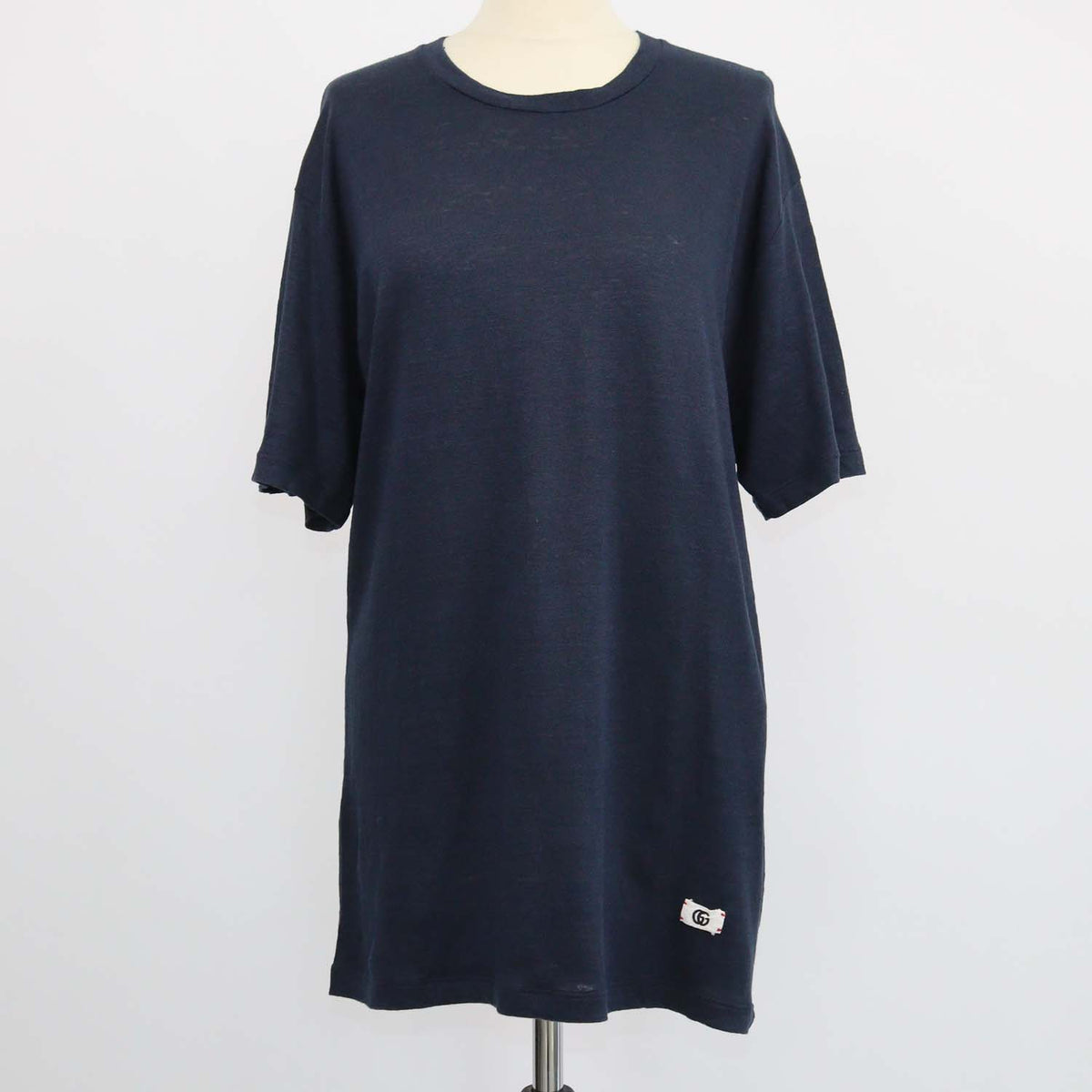 Gucci Navy Blue Linen Interlocking G Patch Crew Neck T-Shirt