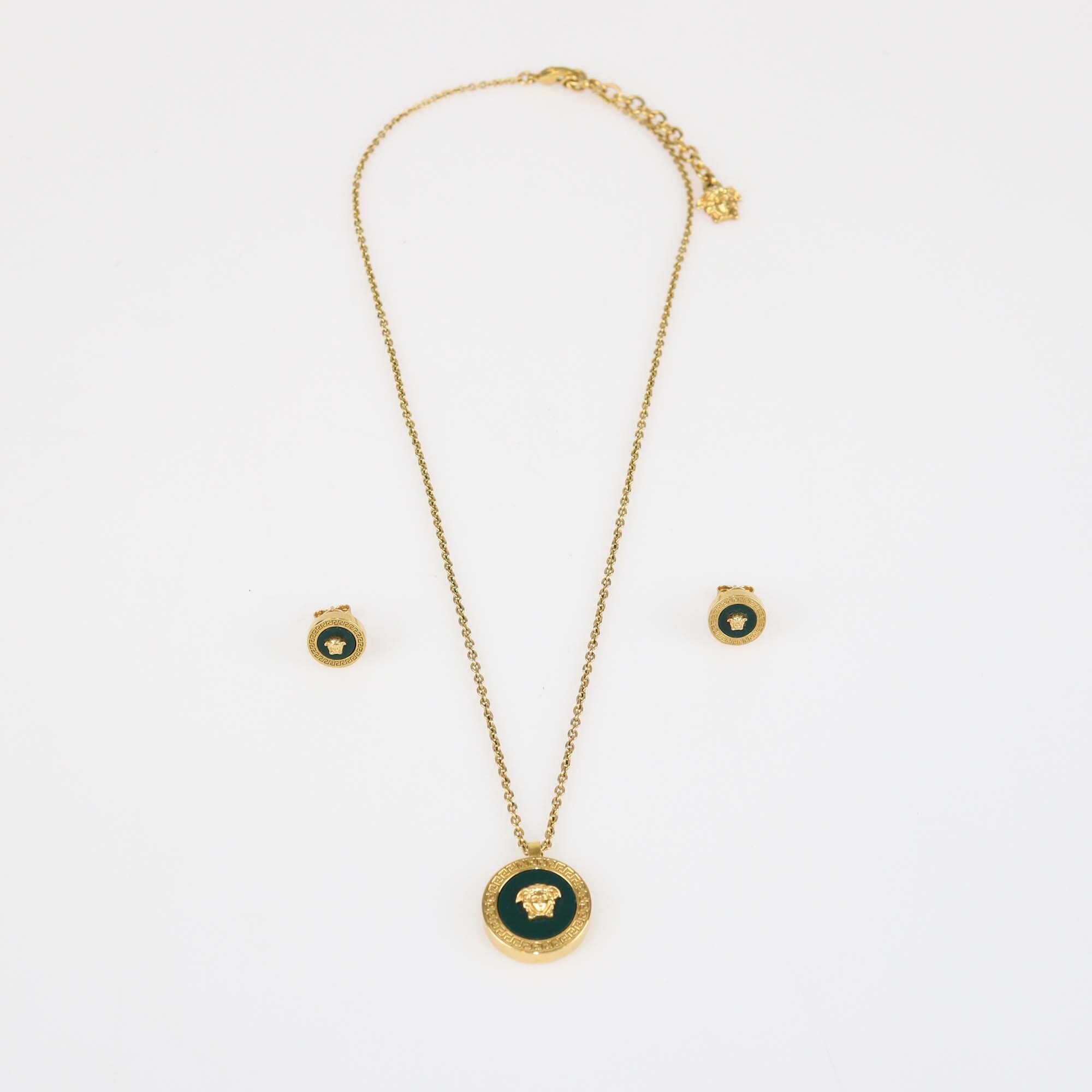 Versace Medusa Medallion Pendant Green Enamel Gold Tone Chain Necklace & Stud Earrings Set Womens Versace 