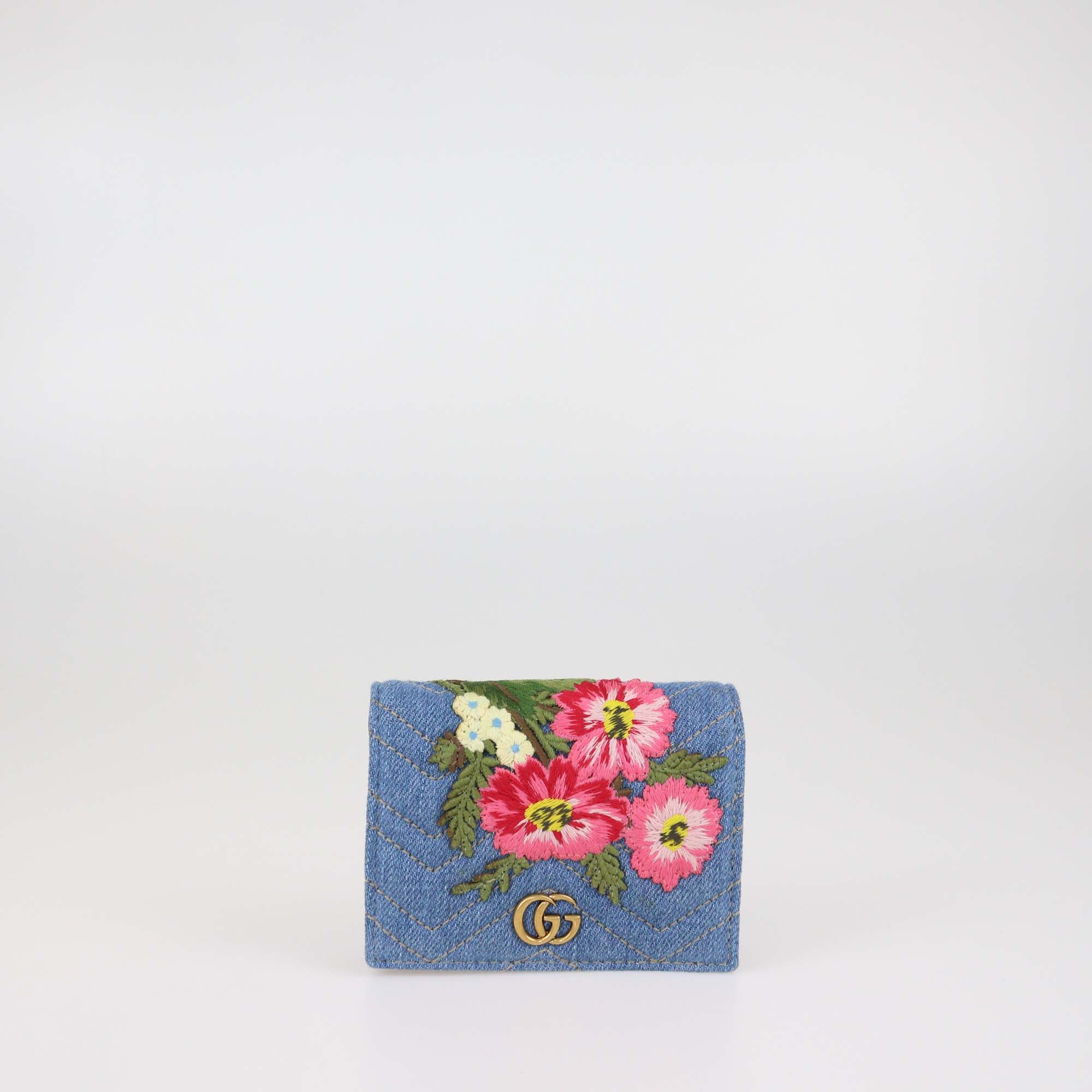 Gucci Blue Denim Floral Embroidered GG Marmont Card Case