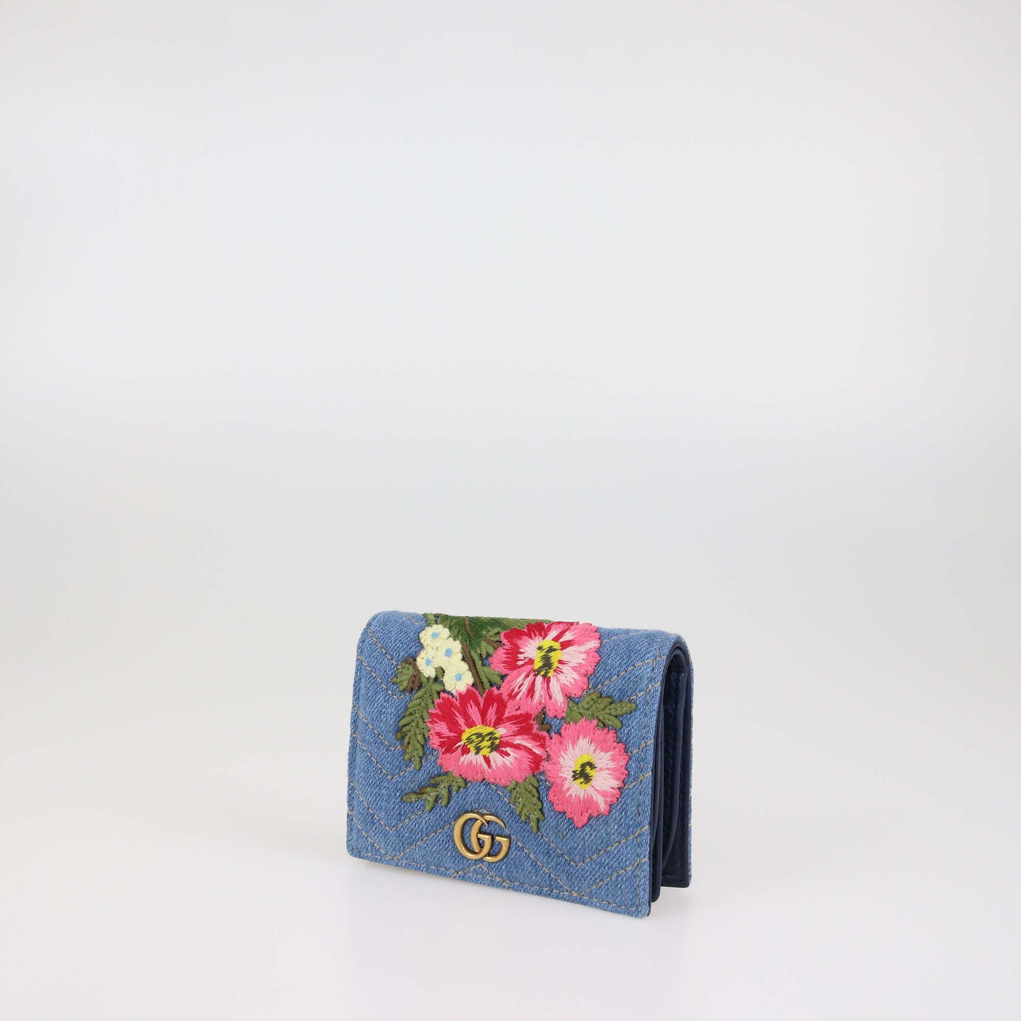 Gucci Blue Denim Floral Embroidered GG Marmont Card Case