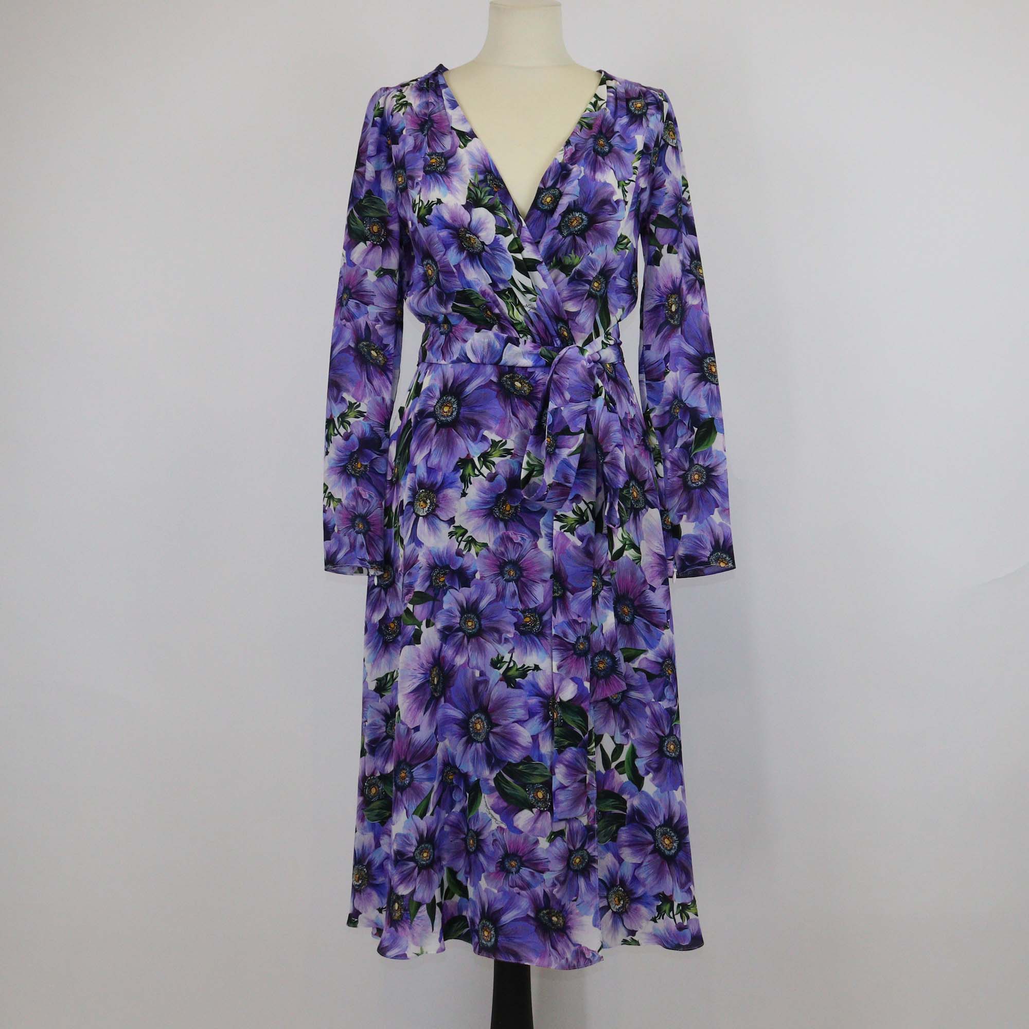 Dolce & Gabbana Purple Silk Anemone Print Belted Midi Dress