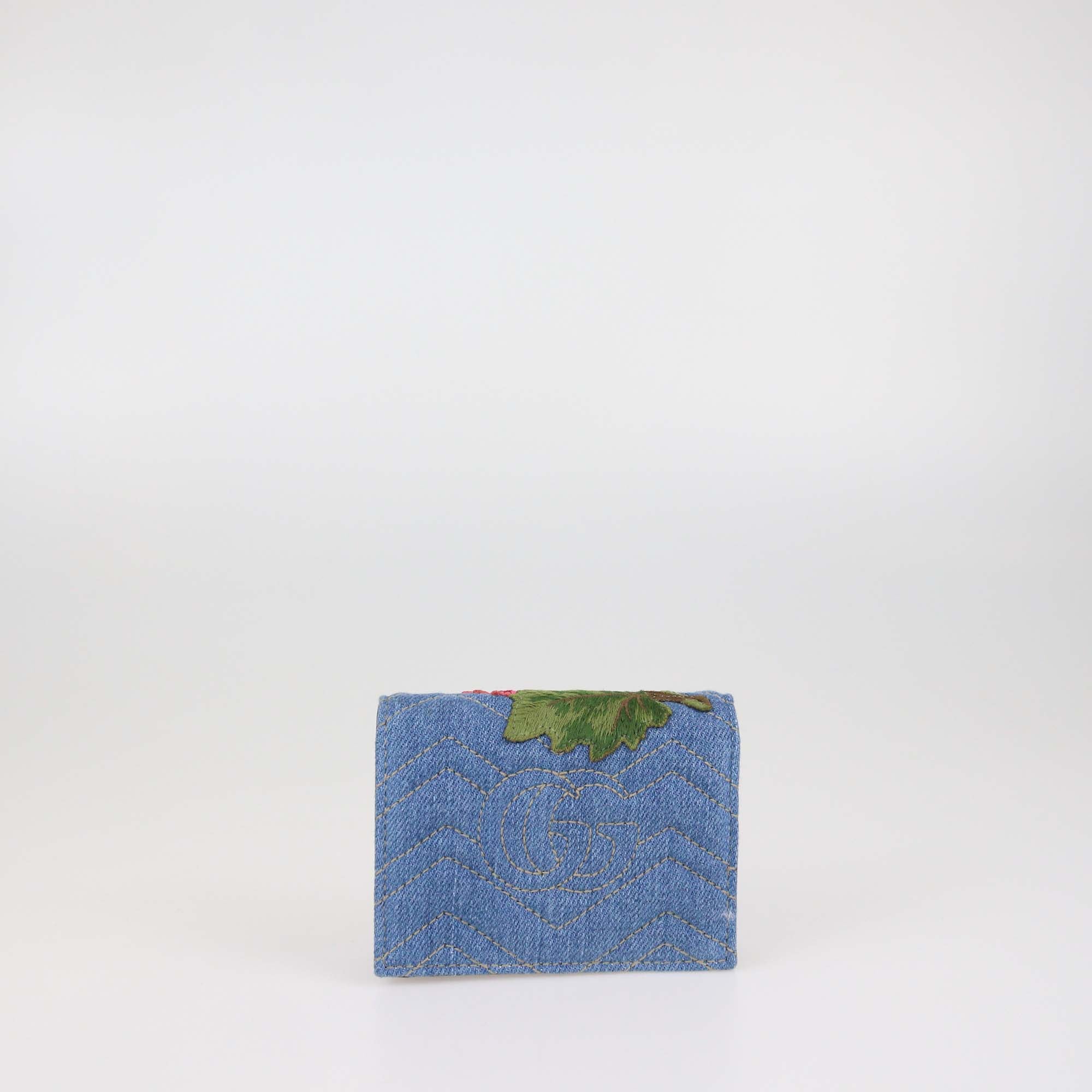Gucci Blue Denim Floral Embroidered GG Marmont Card Case
