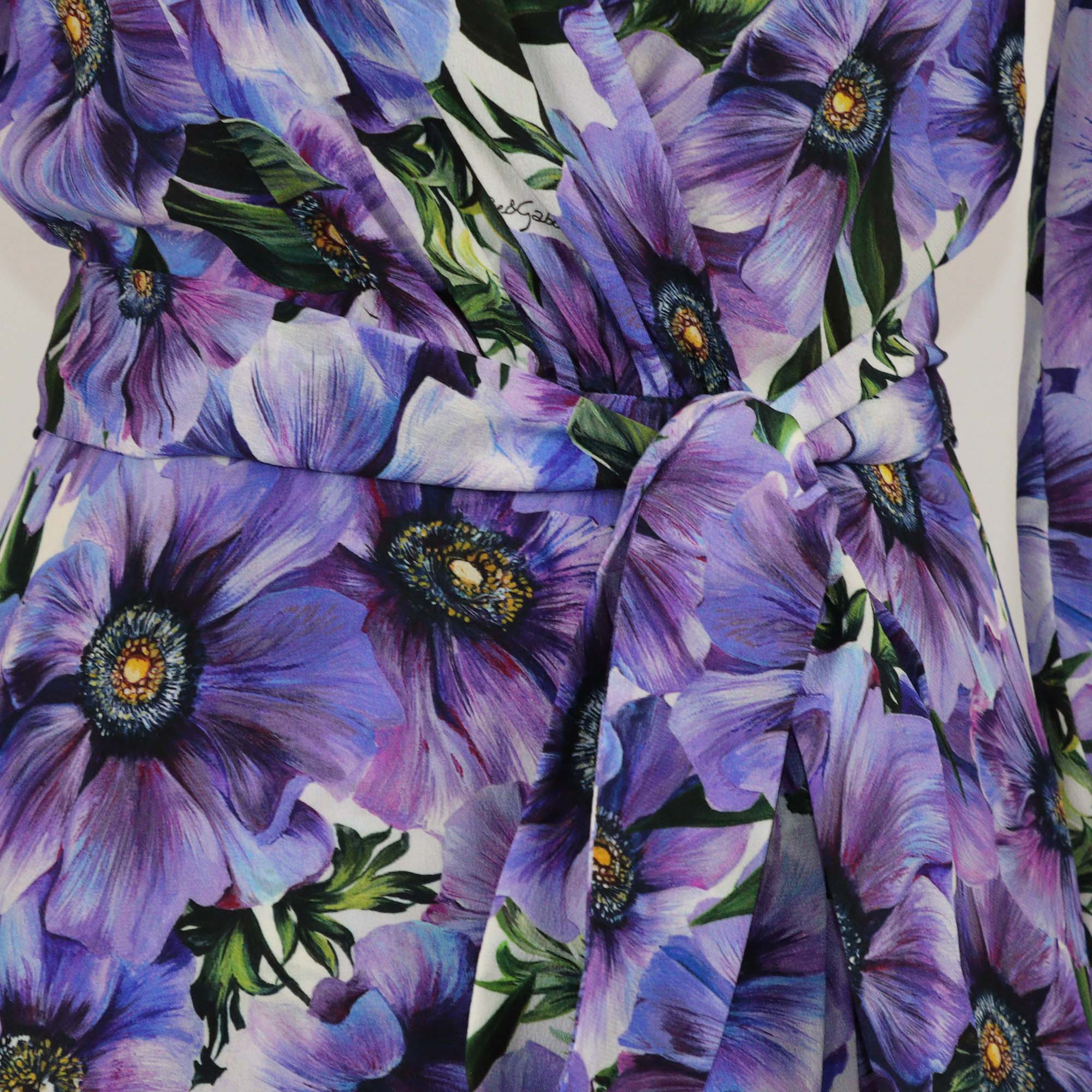 Dolce & Gabbana Purple Silk Anemone Print Belted Midi Dress