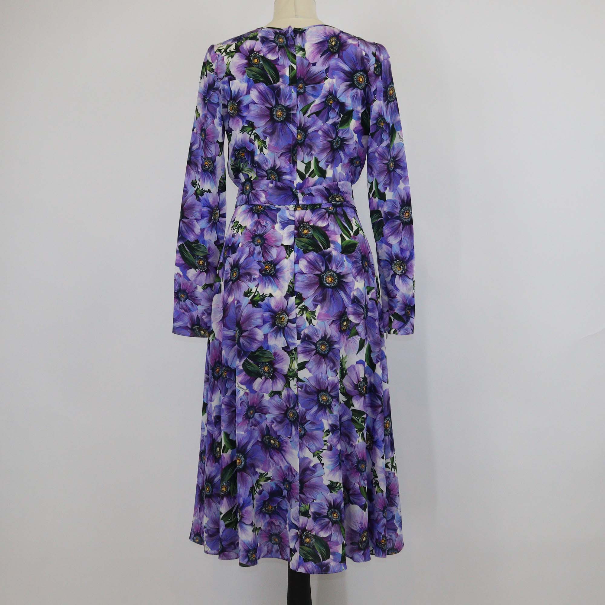 Dolce & Gabbana Purple Silk Anemone Print Belted Midi Dress