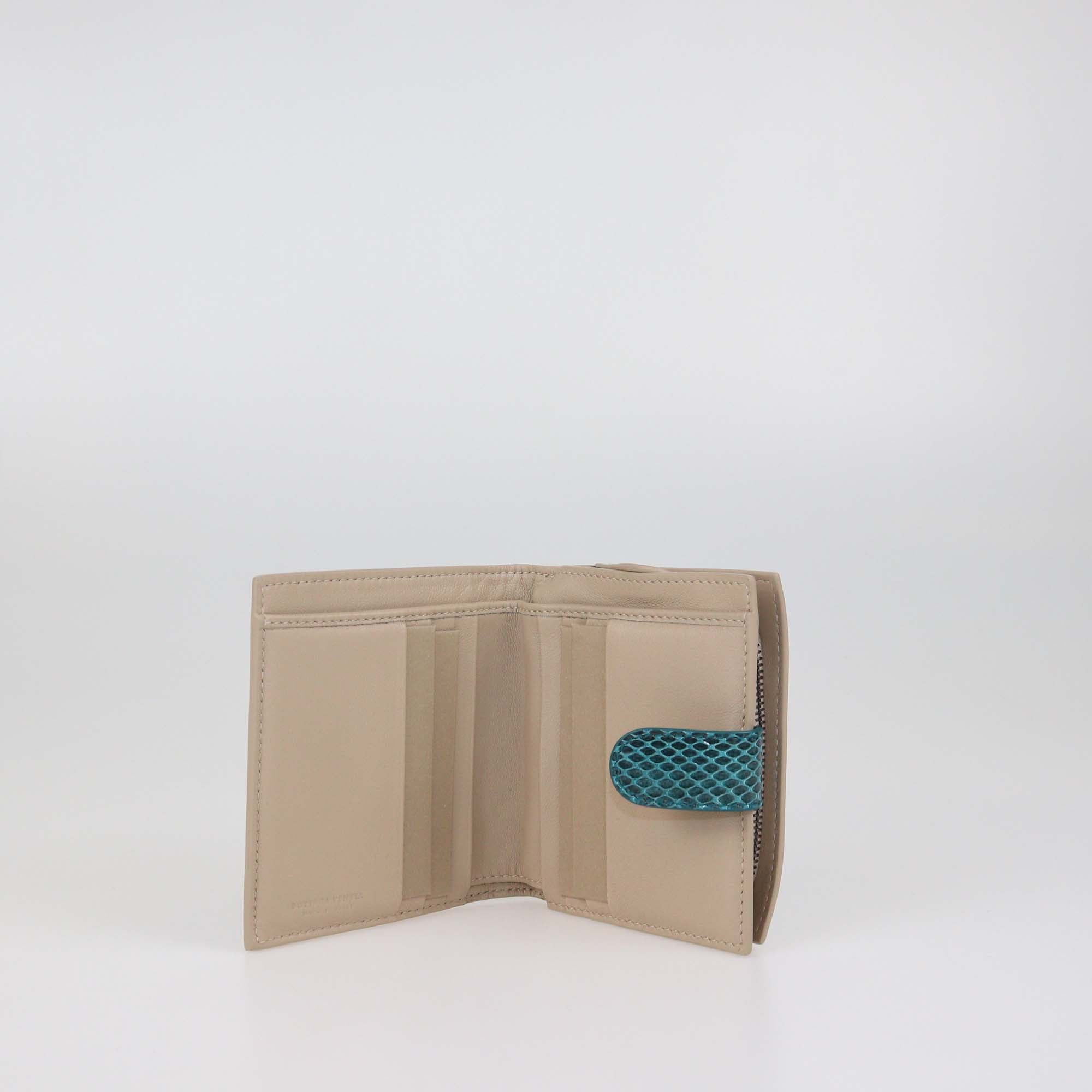 Bottega Veneta Beige/Green Intrecciato Leather & Snakeskin French Wallet