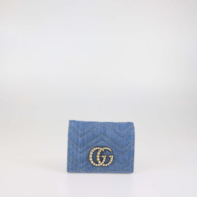 Gucci Blue Denim Pearl GG Marmont Card Case