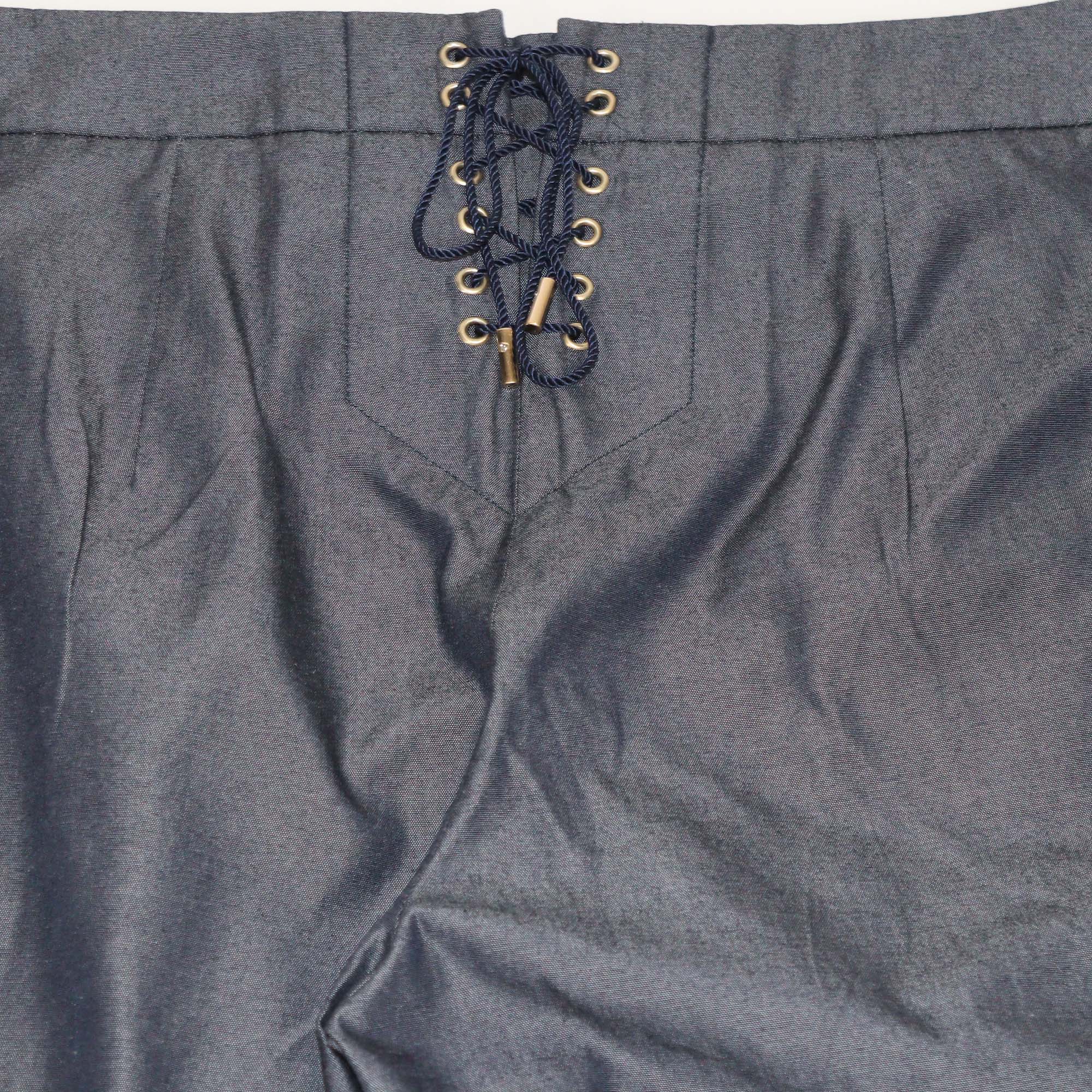 Salvatore Ferragamo Navy Blue Cotton Lace Up Front Wide Leg Pants