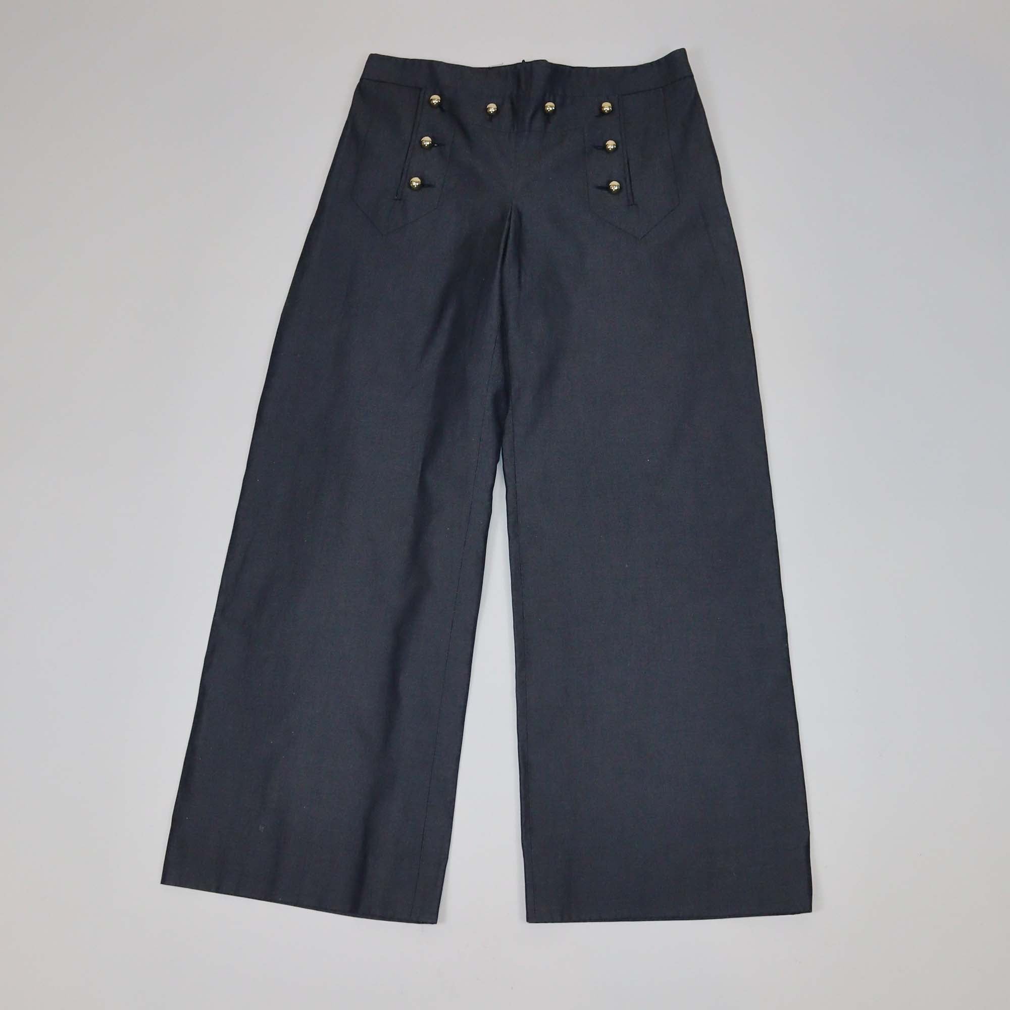 Salvatore Ferragamo Navy Blue Cotton Lace Up Front Wide Leg Pants