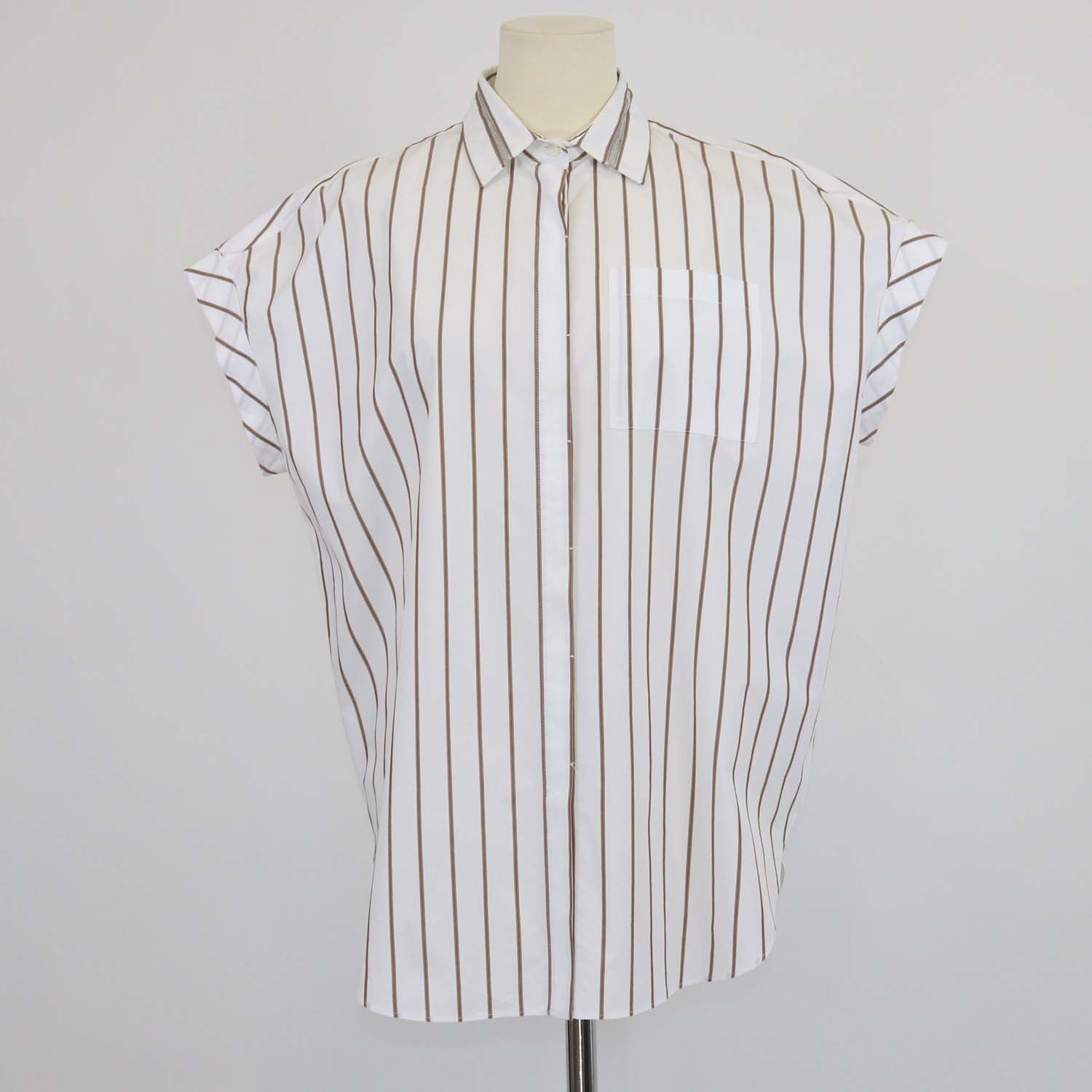 Brunello Cucinelli White/Brown Blend Cotton Striped Beaded Collar Sleeveless Shirt