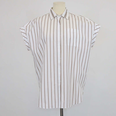 Brunello Cucinelli White/Brown Blend Cotton Striped Beaded Collar Sleeveless Shirt