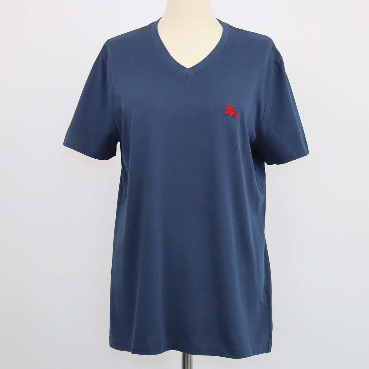 Burberry Navy Blue Cotton Logo Embroidered V Neck T-Shirt