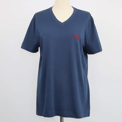 Burberry Navy Blue Cotton Logo Embroidered V Neck T-Shirt