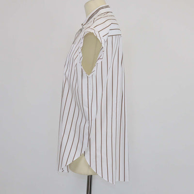 Brunello Cucinelli White/Brown Blend Cotton Striped Beaded Collar Sleeveless Shirt