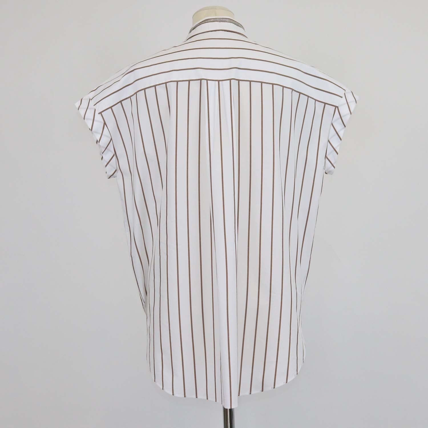 Brunello Cucinelli White/Brown Blend Cotton Striped Beaded Collar Sleeveless Shirt