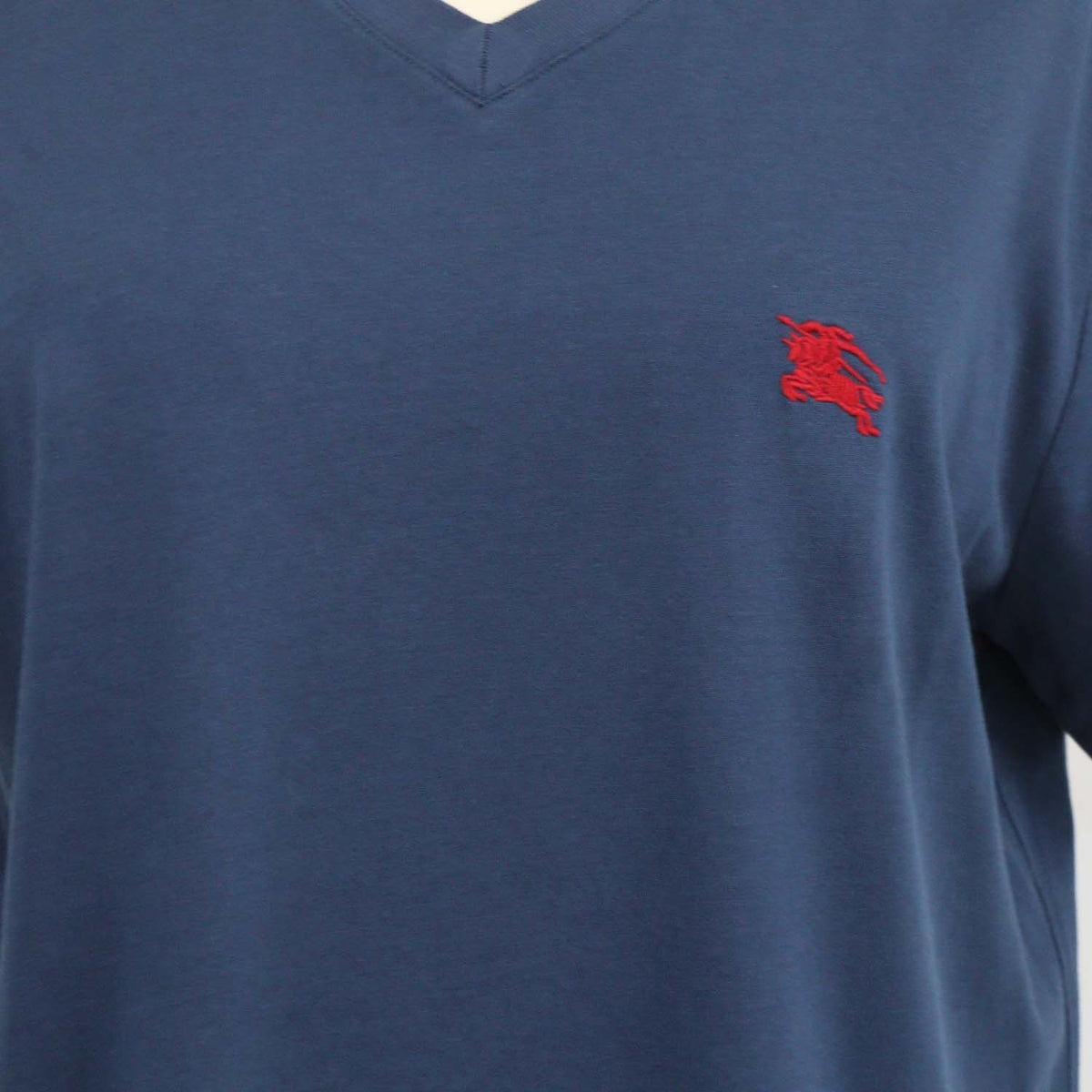 Burberry Navy Blue Cotton Logo Embroidered V Neck T-Shirt