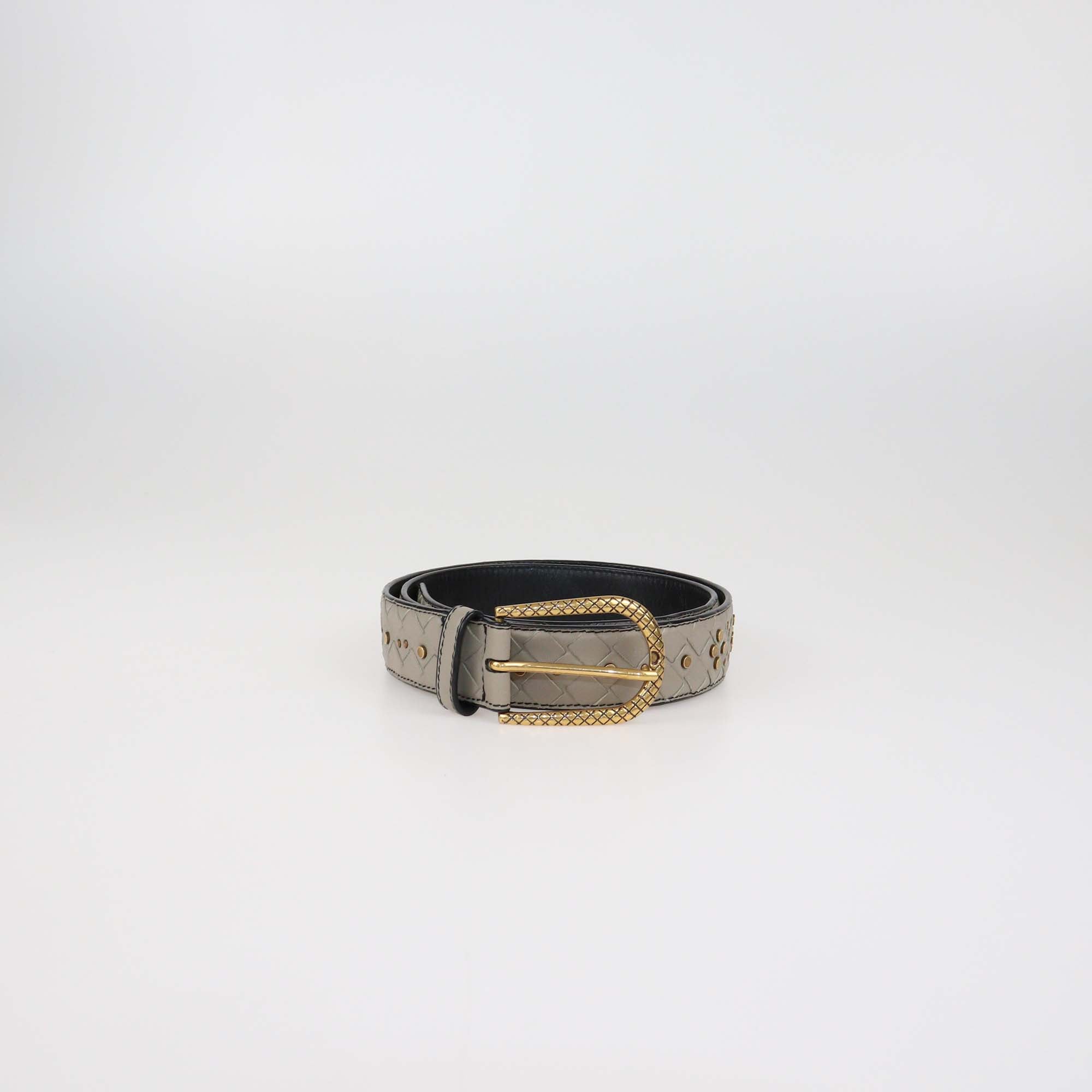 Bottega Veneta Grey Intrecciato Leather Studded Belt