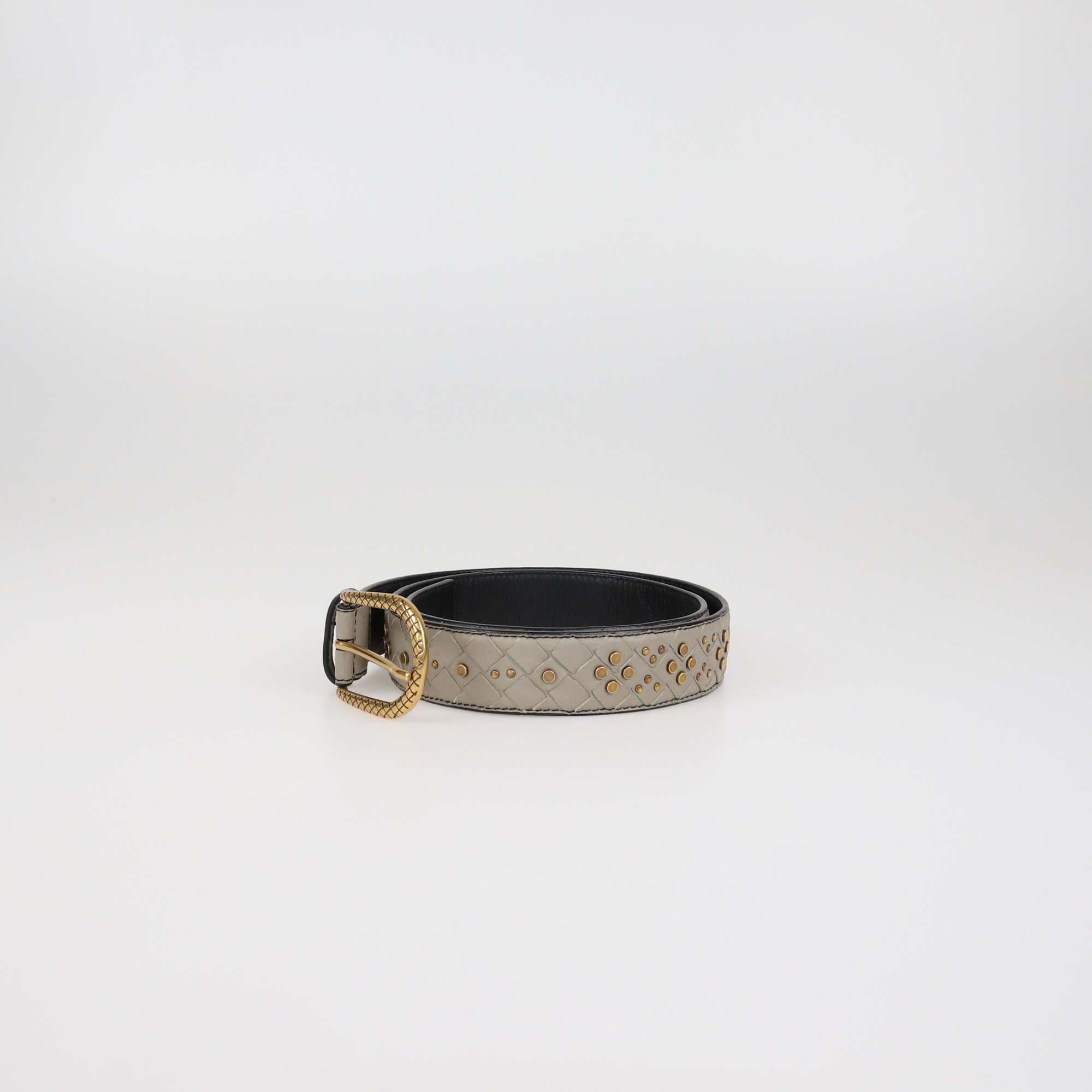 Bottega Veneta Grey Intrecciato Leather Studded Belt
