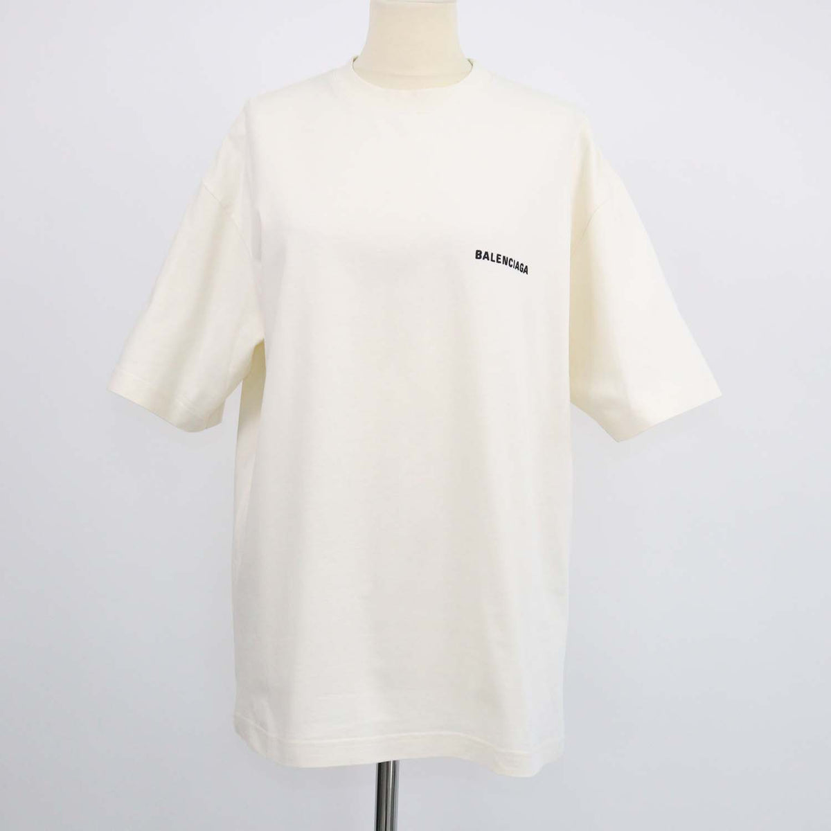 Balenciaga Cream Cotton Logo Embroidered Crew Neck T-Shirt