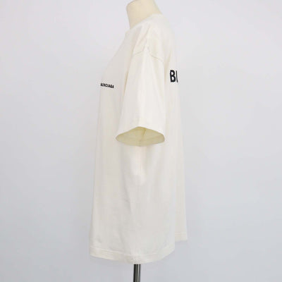 Balenciaga Cream Cotton Logo Embroidered Crew Neck T-Shirt