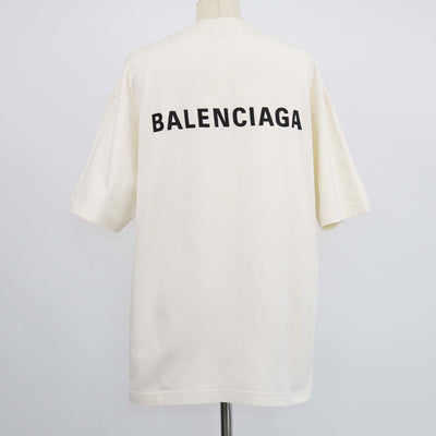 Balenciaga Cream Cotton Logo Embroidered Crew Neck T-Shirt