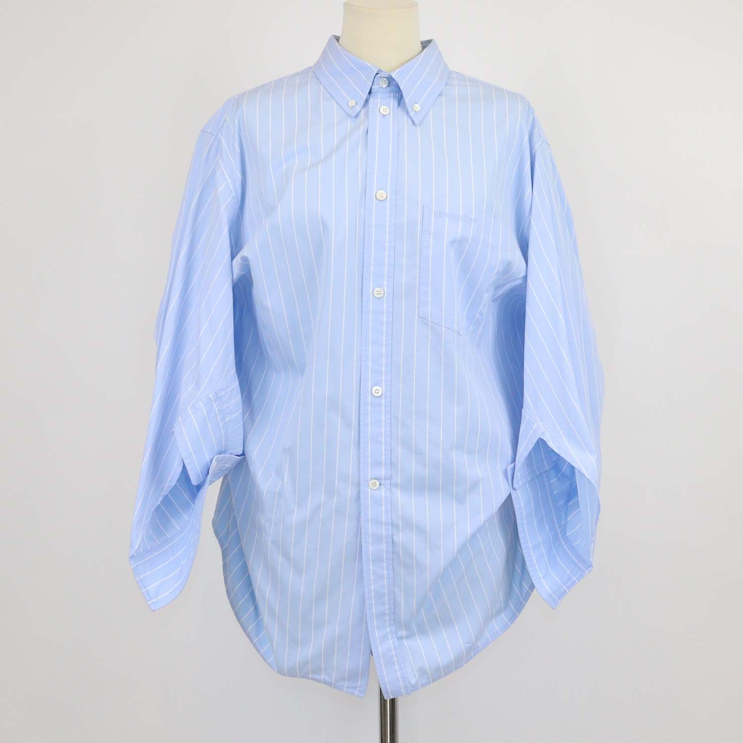 Balenciaga Light Blue/White Cotton Striped Asymmetric Poplin Shirt