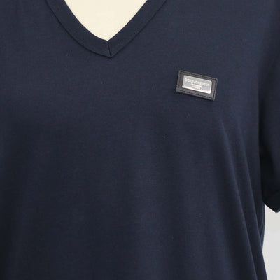 Dolce & Gabbana Navy Blue Cotton Logo Plaque V Neck T-Shirt