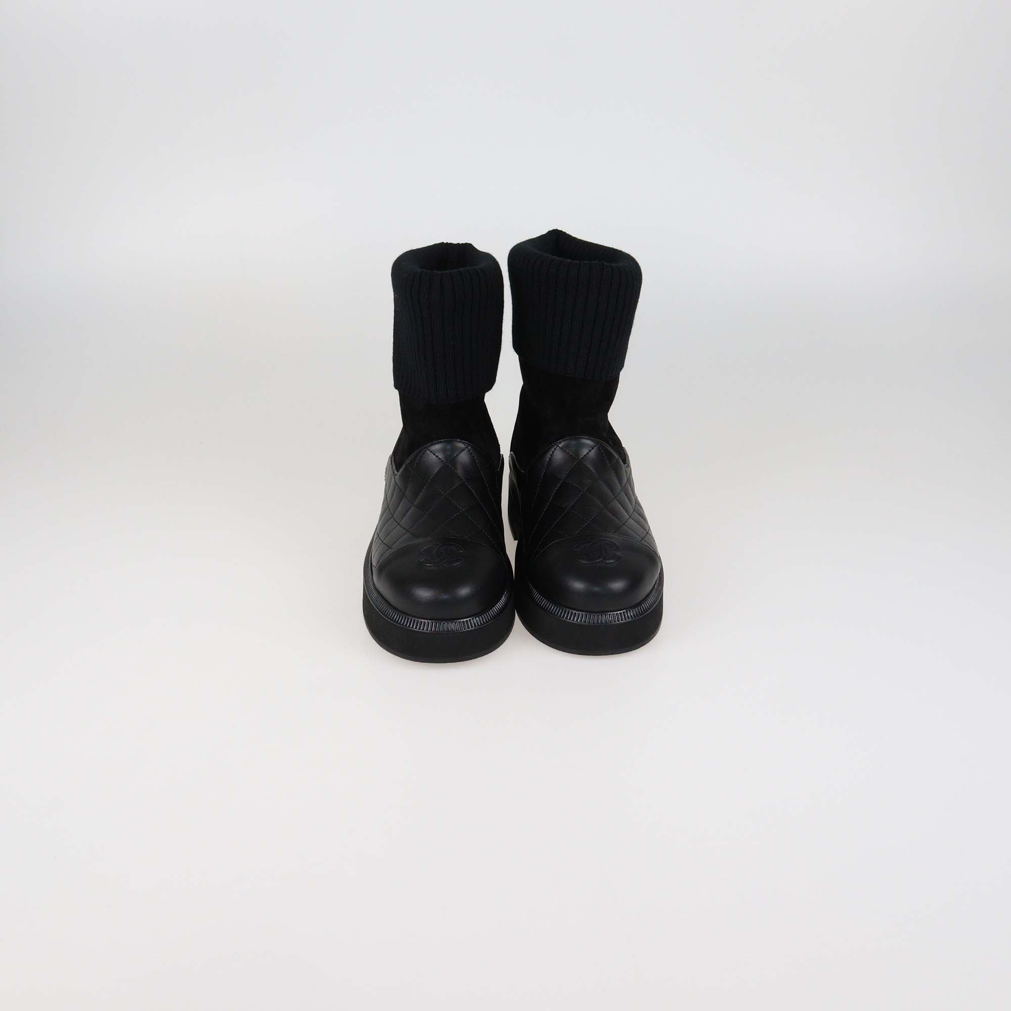 Chanel Black Quilted Leather & Suede CC Cap Toe Short Boots