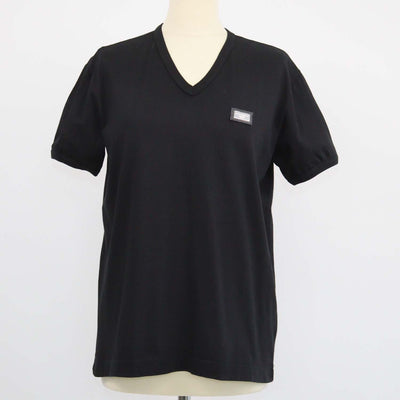Dolce & Gabbana Black Cotton Logo Plaque V Neck T-Shirt