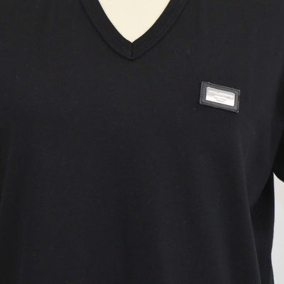 Dolce & Gabbana Black Cotton Logo Plaque V Neck T-Shirt