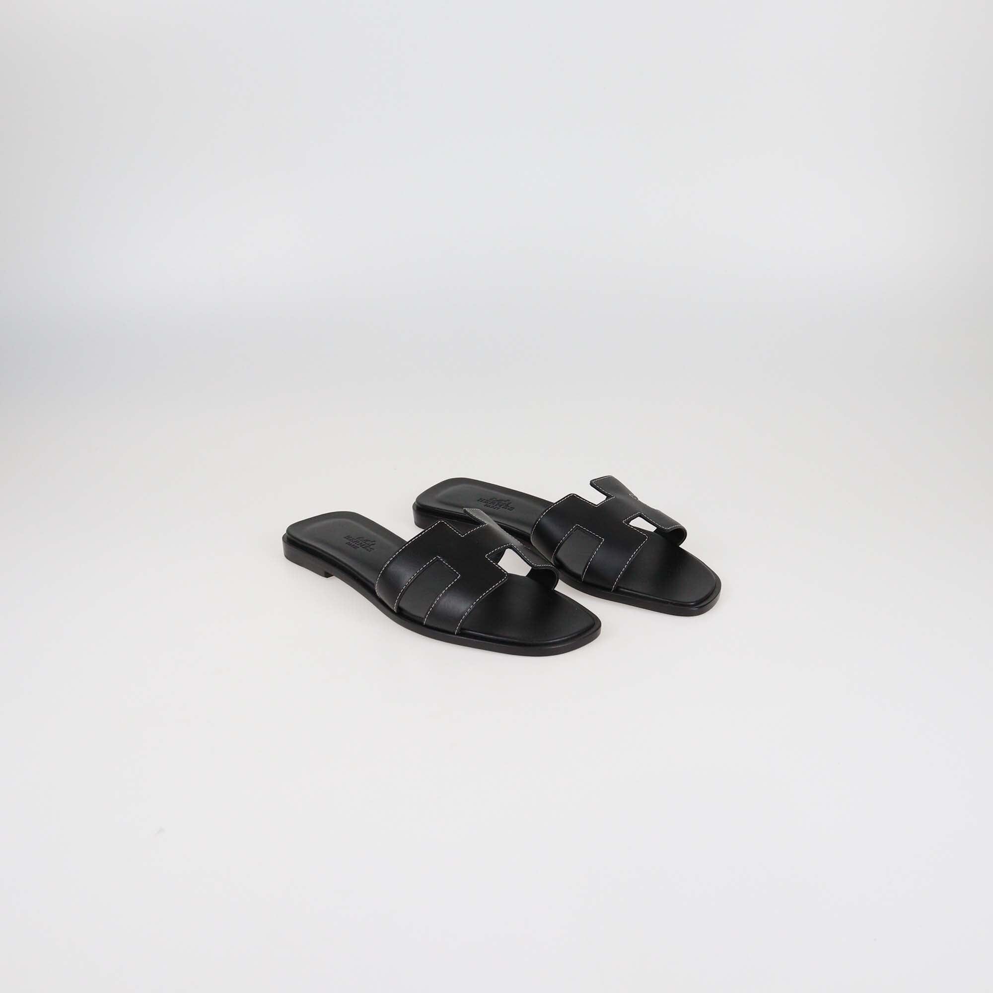 Hermes Black Box Leather Oran Flat Sandals Womens Hermes 