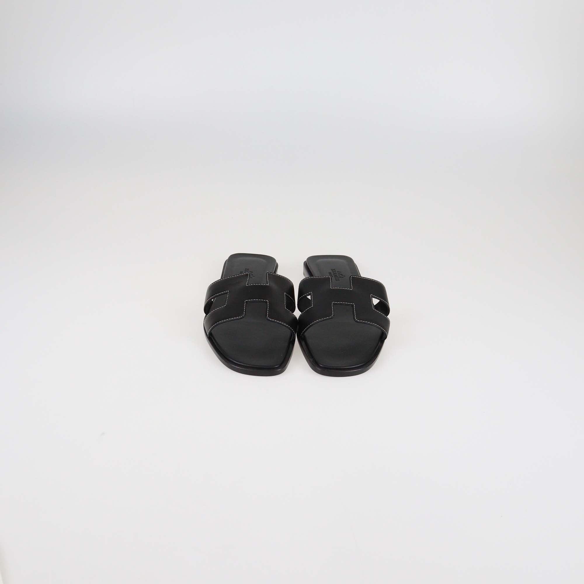 Hermes Black Box Leather Oran Flat Sandals Womens Hermes 