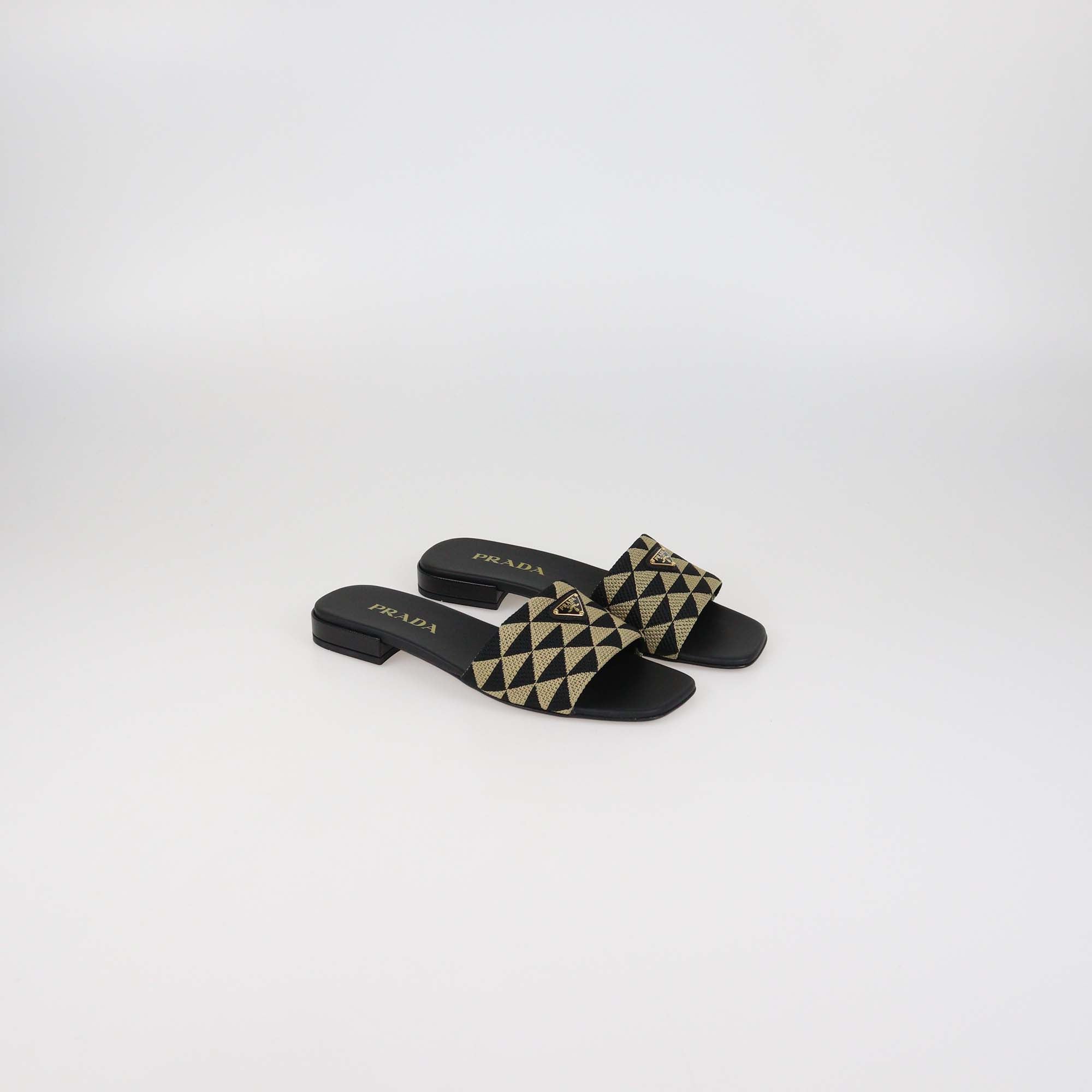 Prada Black/Beige Canvas Triangle Jacquard Flat Sandals